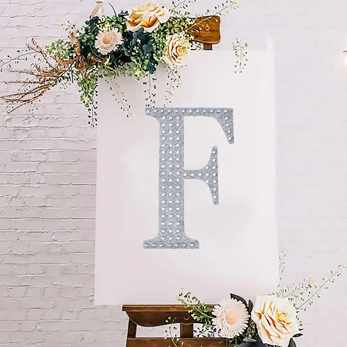 Decorative Rhinestone Alphabet "F" Letter Stickers 8", Silver Glitter Adhesive Craft Letters - DIY Sparkle Embellishments