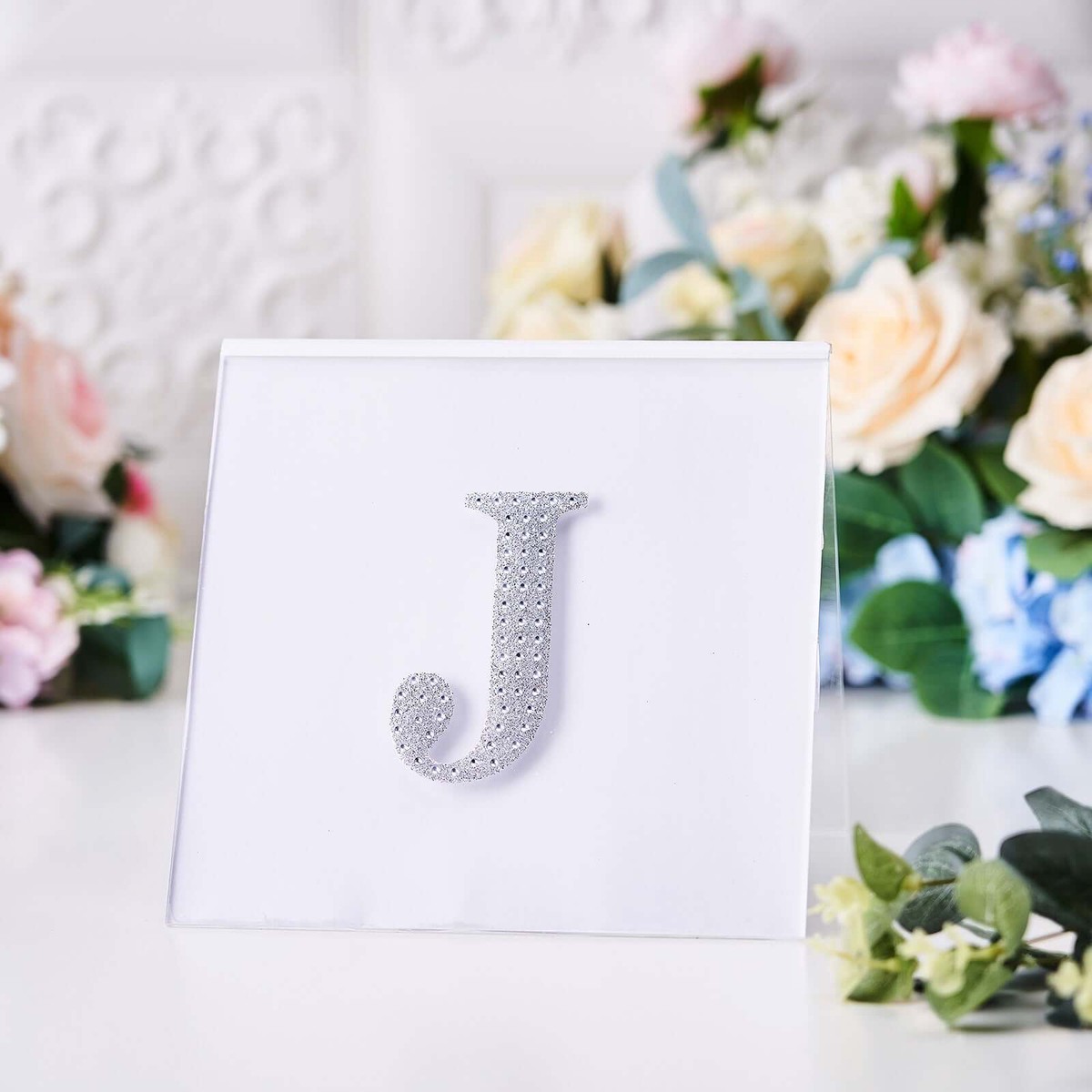 Decorative Rhinestone Alphabet "J" Letter Stickers 4", Silver Glitter Adhesive Craft Letters - DIY Sparkle Embellishments