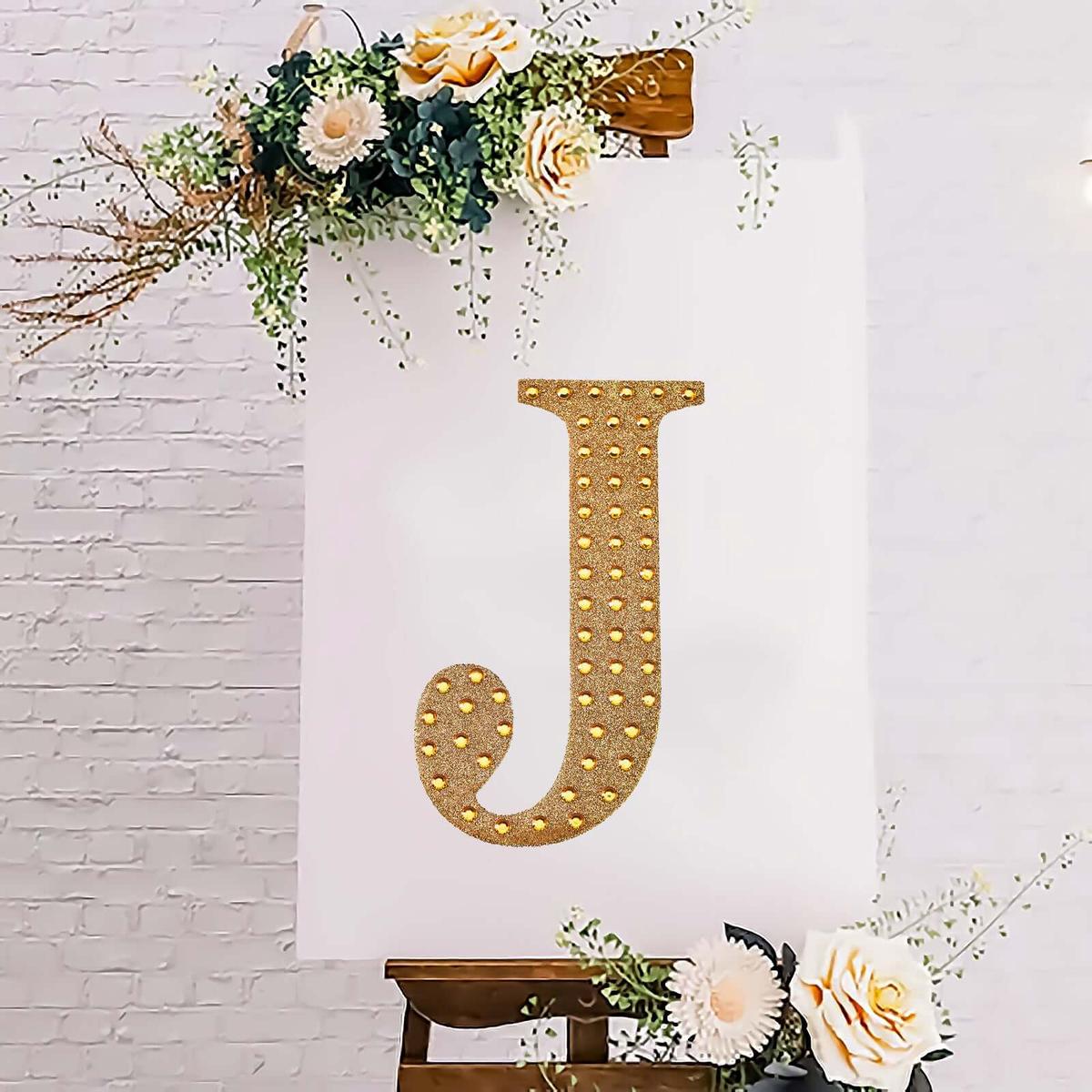 Decorative Rhinestone Alphabet "J" Letter Stickers 8", Gold Glitter Adhesive Craft Letters - DIY Sparkle Embellishments