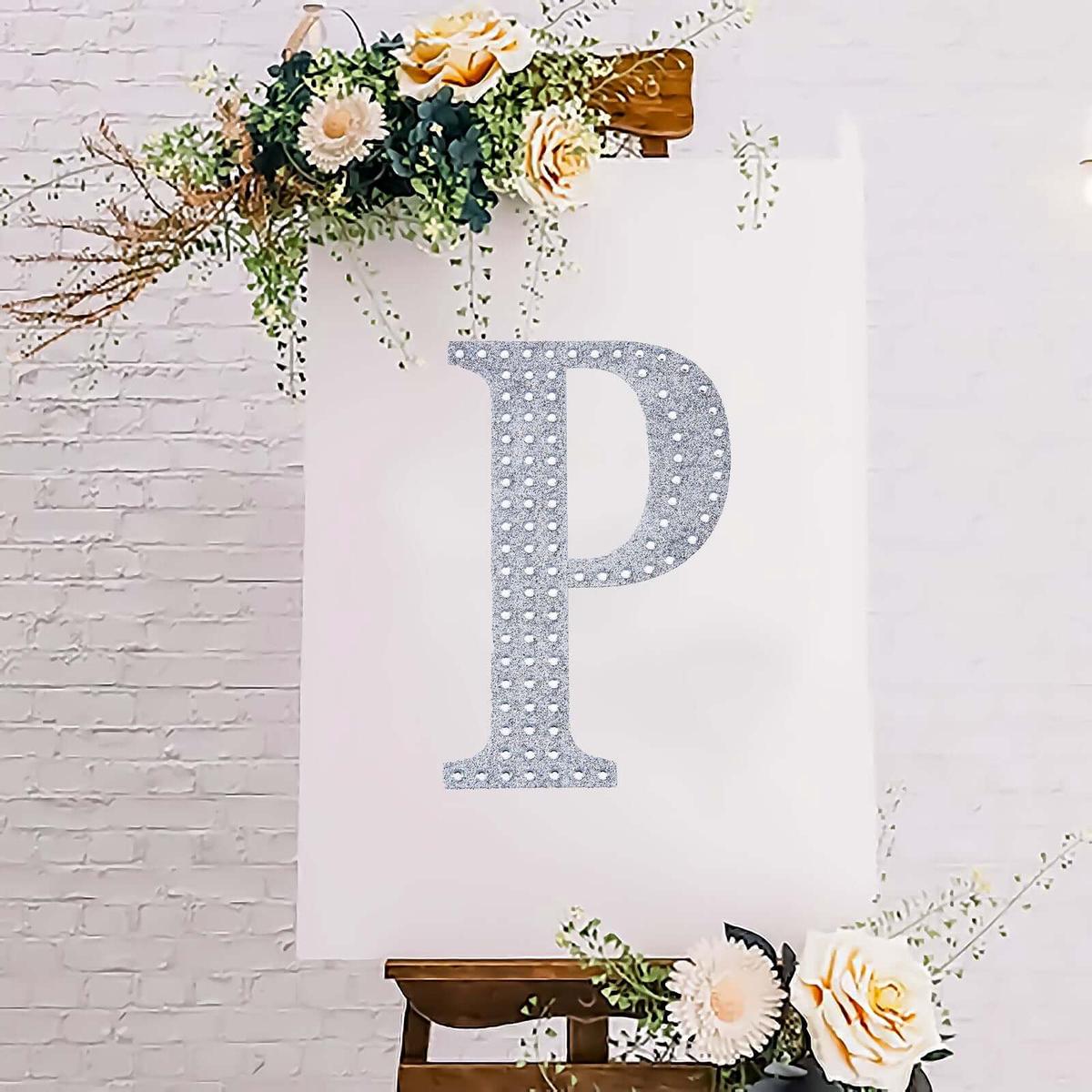 Decorative Rhinestone Alphabet "P" Letter Stickers 8", Silver Glitter Adhesive Craft Letters - DIY Sparkle Embellishments