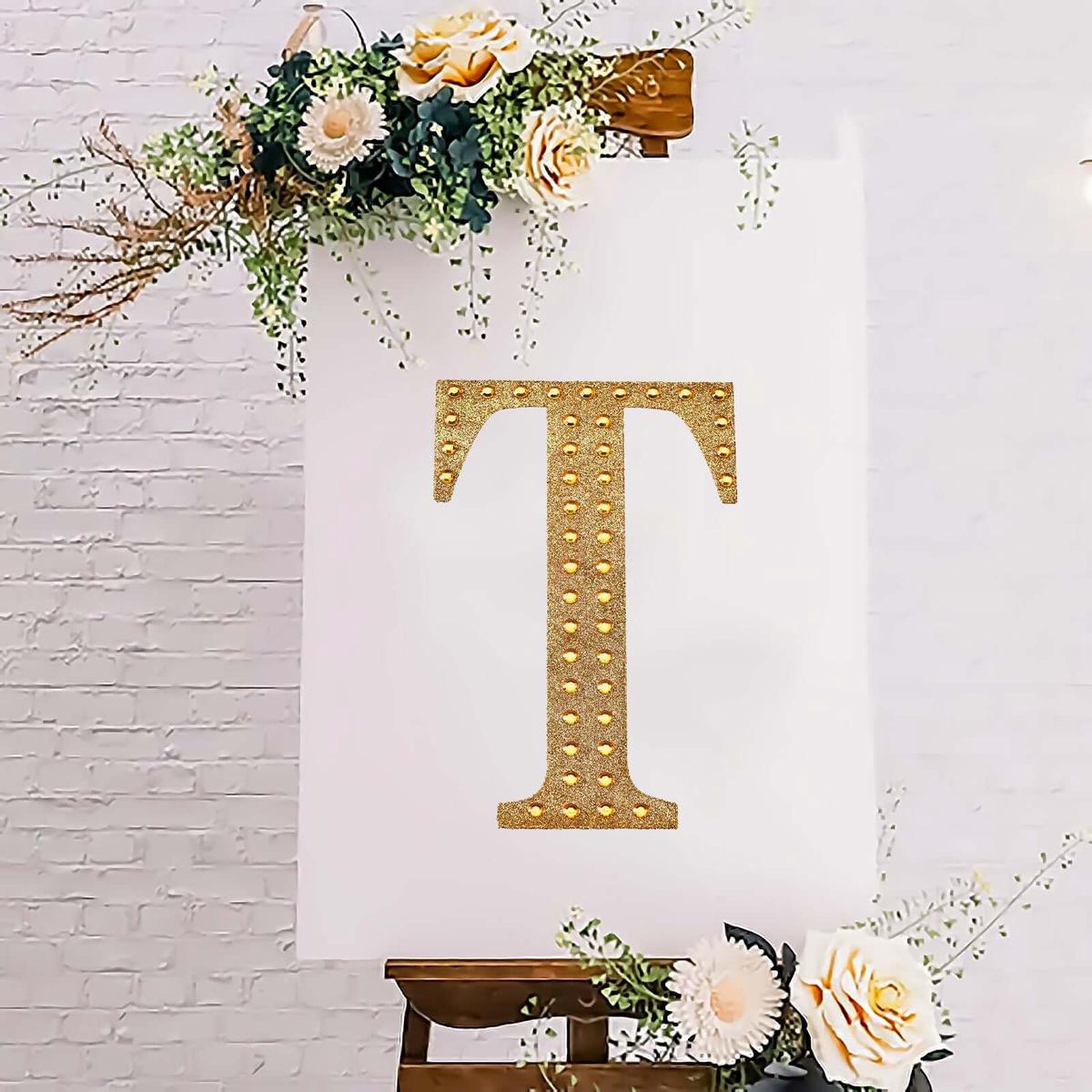 Decorative Rhinestone Alphabet "T" Letter Stickers 8", Gold Glitter Adhesive Craft Letters - DIY Sparkle Embellishments