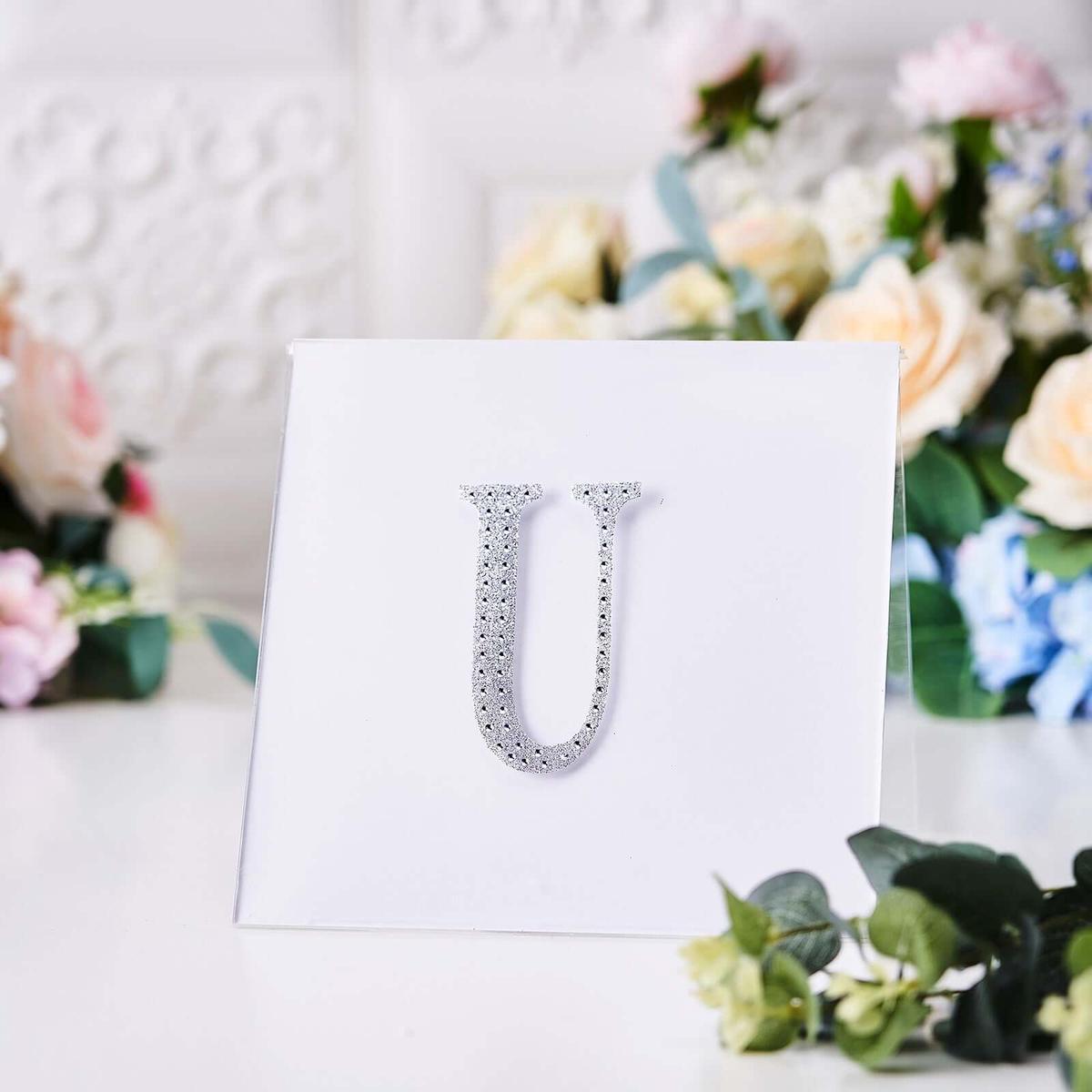 Decorative Rhinestone Alphabet "U" Letter Stickers 4", Silver Glitter Adhesive Craft Letters - DIY Sparkle Embellishments