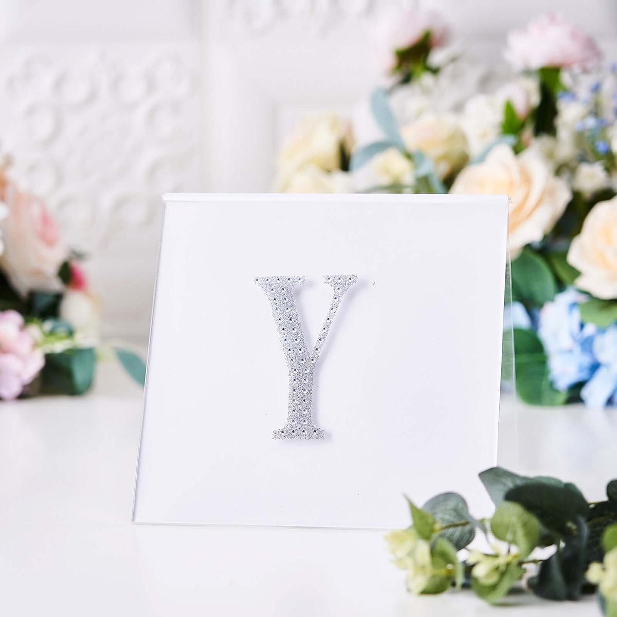Decorative Rhinestone Alphabet "Y" Letter Stickers 4", Silver Glitter Adhesive Craft Letters - DIY Sparkle Embellishments