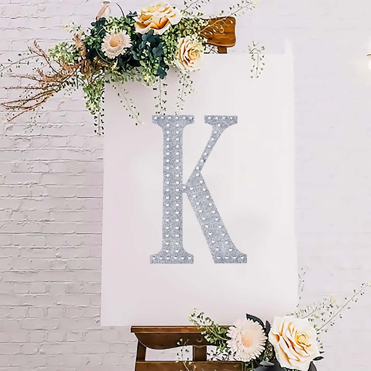 Decorative Rhinestone Alphabet "K" Letter Stickers 8", Silver Glitter Adhesive Craft Letters - DIY Sparkle Embellishments