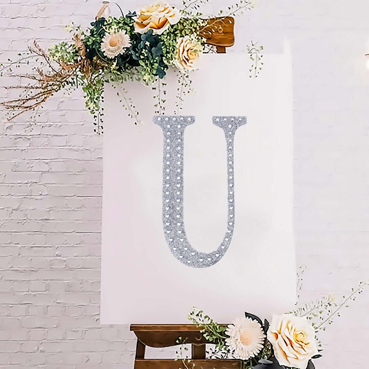 Decorative Rhinestone Alphabet "U" Letter Stickers 8", Silver Glitter Adhesive Craft Letters - DIY Sparkle Embellishments