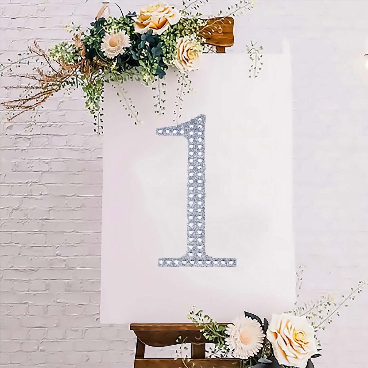 Decorative Rhinestone Number "1" Stickers 8", Silver Glitter Adhesive Craft Numbers - DIY Sparkle Embellishments