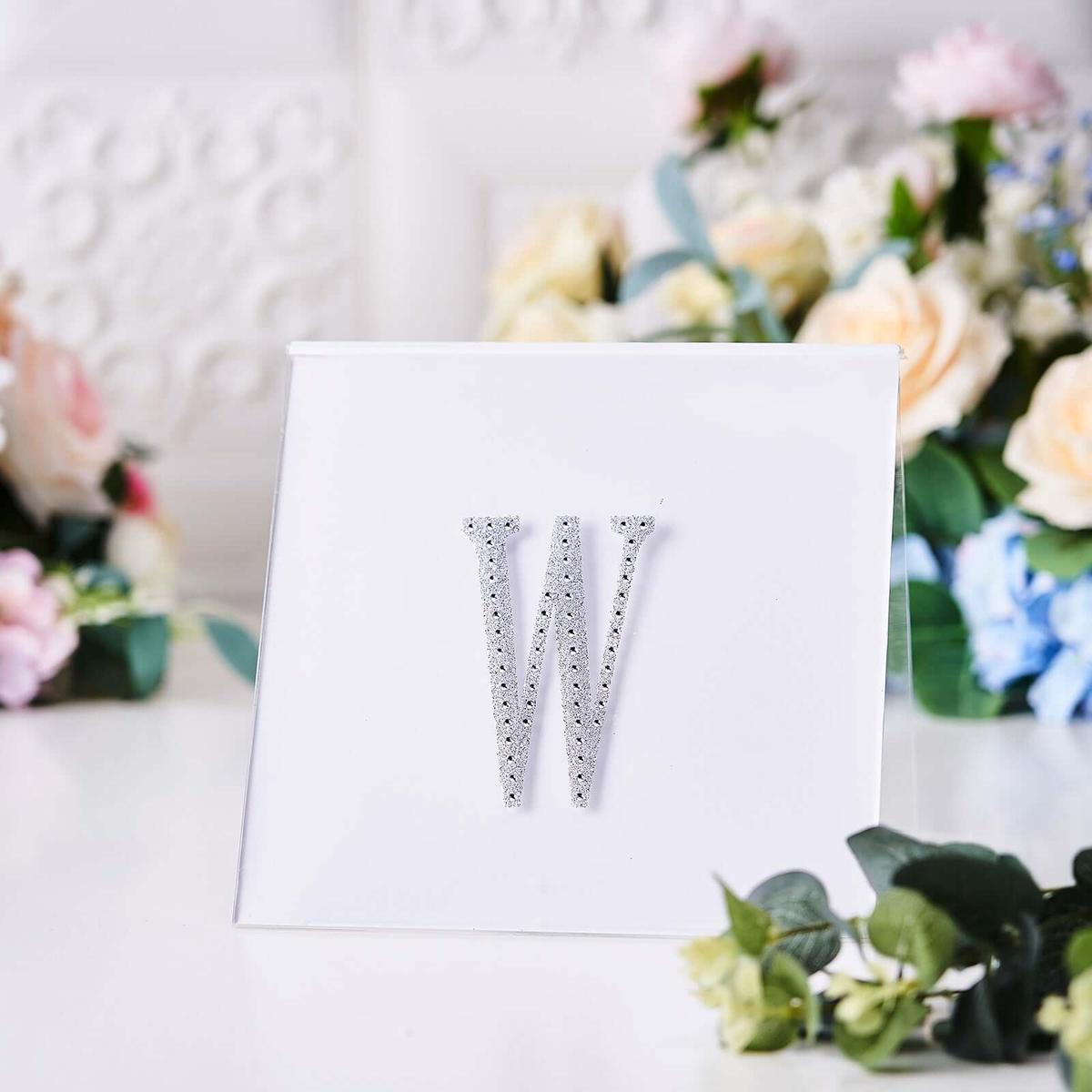 Decorative Rhinestone Alphabet "W" Letter Stickers 4", Silver Glitter Adhesive Craft Letters - DIY Sparkle Embellishments