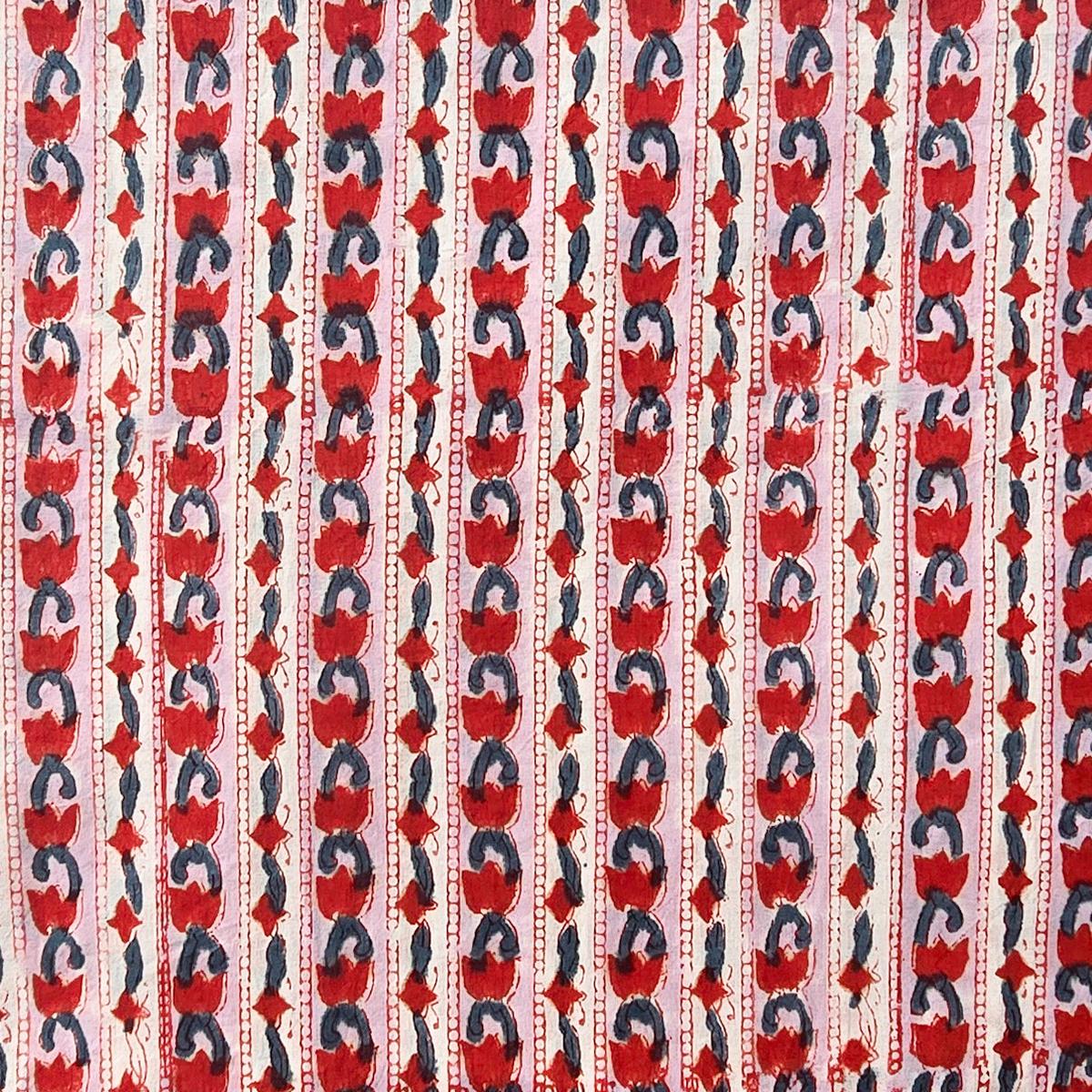 Pure Cotton Jaipuri White With Red And Green Design Stripes Hand Block Print Fabric